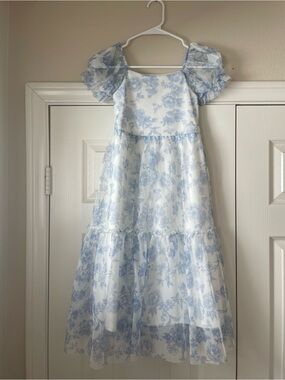 Cat & Jack Light Blue Floral Tiered Puff-Sleeve Dress